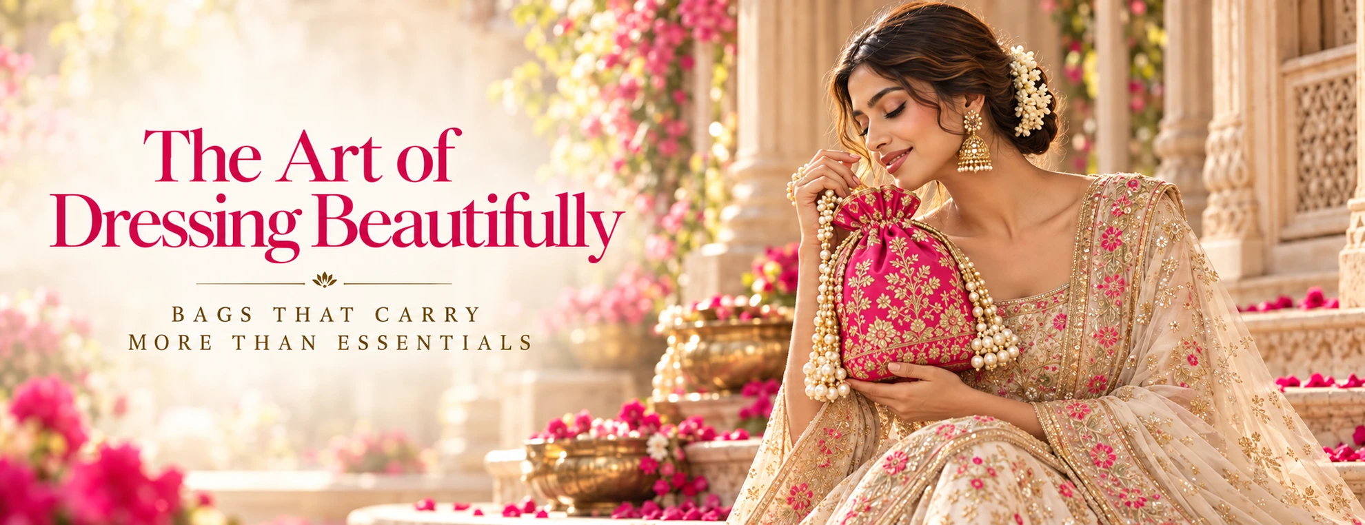The Art of Dressing Beautifully. Bags that carry more than essentials. A fuchsia embroidered potli styled with an ivory outfit.