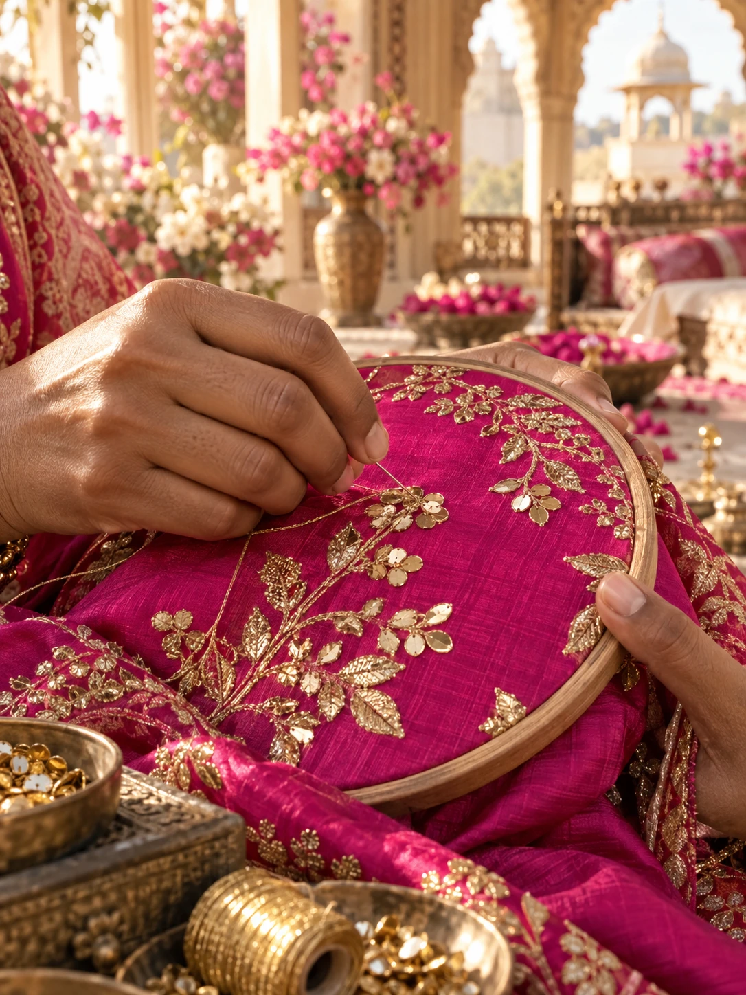 Delicate gold embroidery being stitched onto vibrant pink fabric