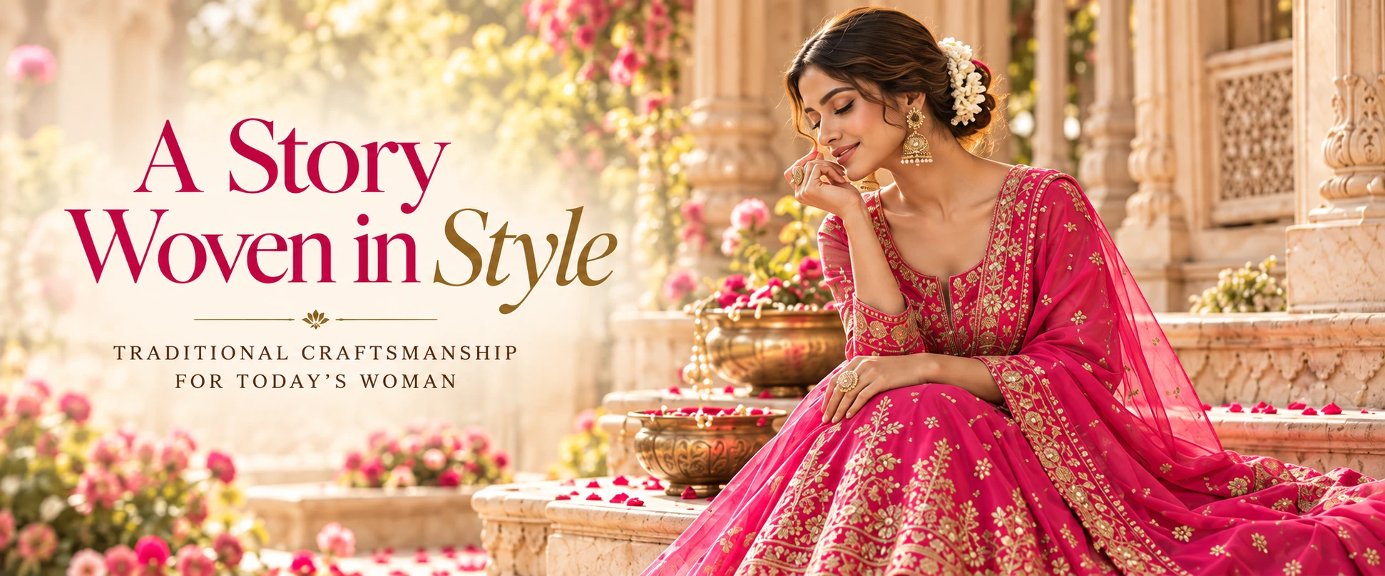 A Story Woven in Style. Traditional craftsmanship for today’s woman. A vibrant pink and gold anarkali in a sunlit palace.