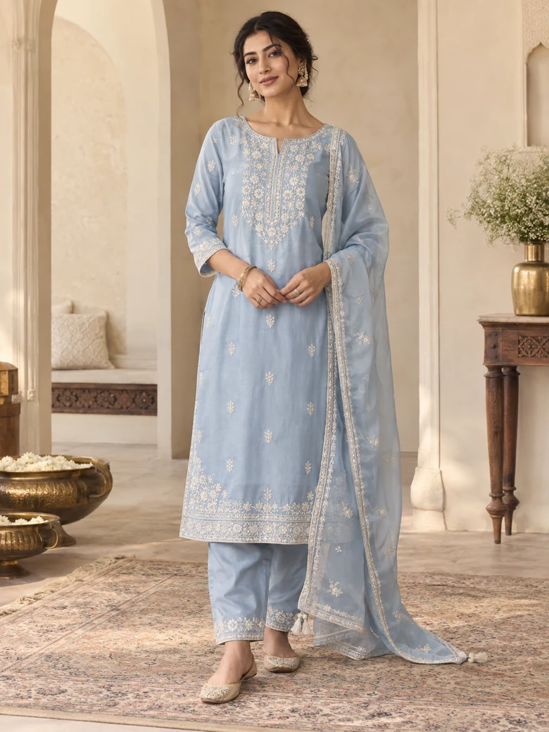 Powder blue embroidered Indian kurta set