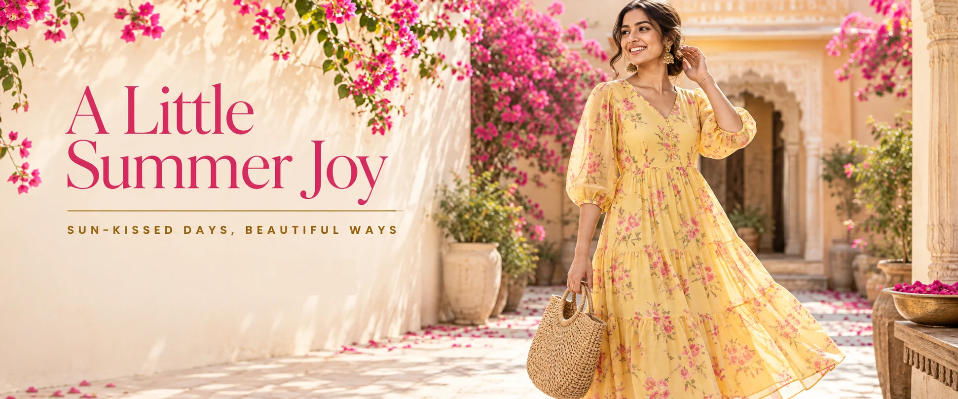 A Little Summer Joy. Sun-kissed days, beautiful ways. A marigold floral dress and woven bag in a sunny bougainvillea courtyard.