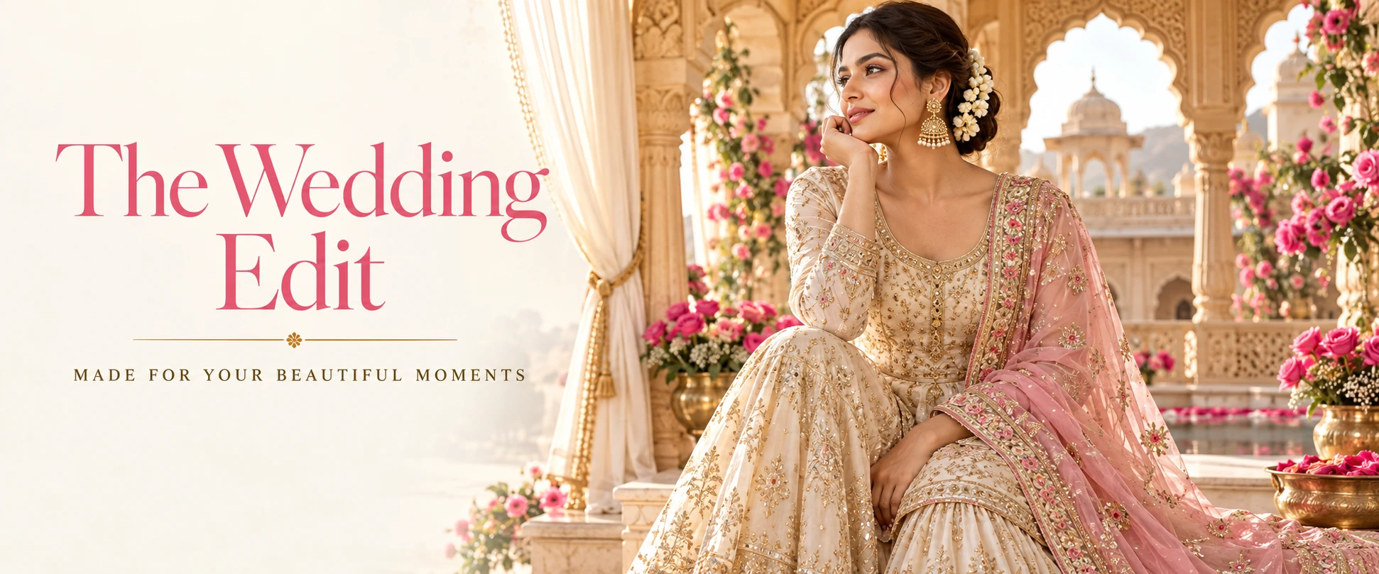 The Wedding Edit. Made for your beautiful moments. An ivory and gold sharara with a blush pink dupatta in a floral palace courtyard.