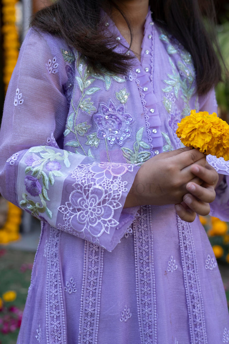 Baris (Peaceful) | Kalidar Splendor: 3-Piece Embroidered Set | Lilac Impression